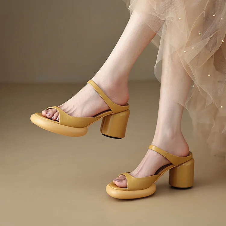 Summer chunky heeled high-heeled round-toe simple sandals, yellow and black cowhide, comfortable, can be worn as outerwear, slippers, 3-14r