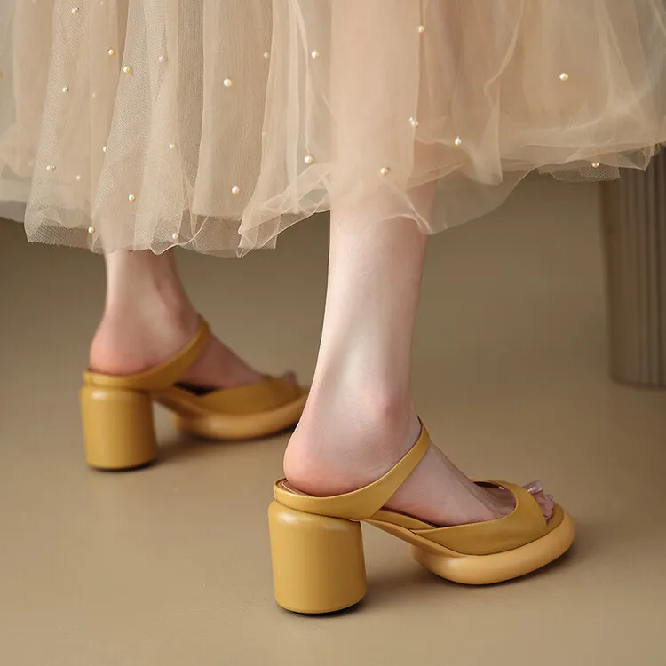 Summer chunky heeled high-heeled round-toe simple sandals, yellow and black cowhide, comfortable, can be worn as outerwear, slippers, 3-14r
