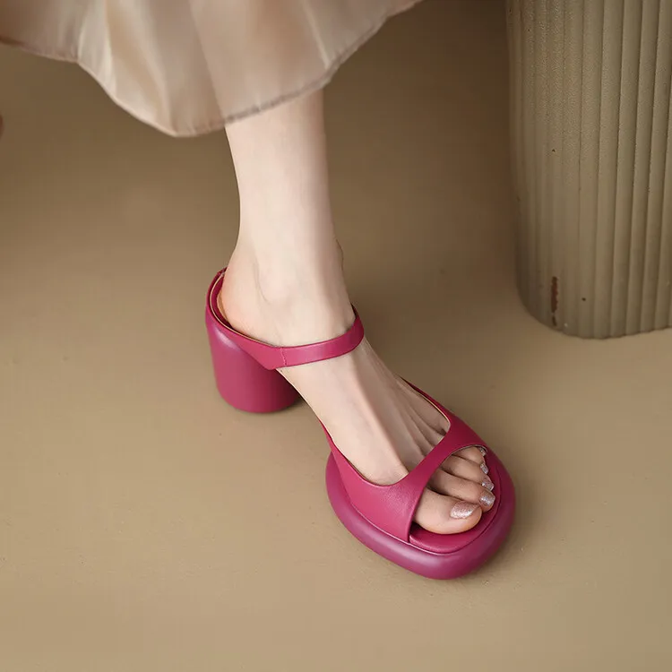 Summer chunky heeled high-heeled round-toe simple sandals, yellow and black cowhide, comfortable, can be worn as outerwear, slippers, 3-14r