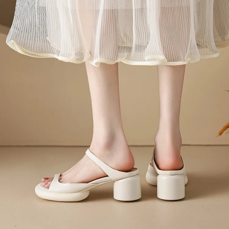 Summer chunky heeled high-heeled round-toe simple sandals, yellow and black cowhide, comfortable, can be worn as outerwear, slippers, 3-14r