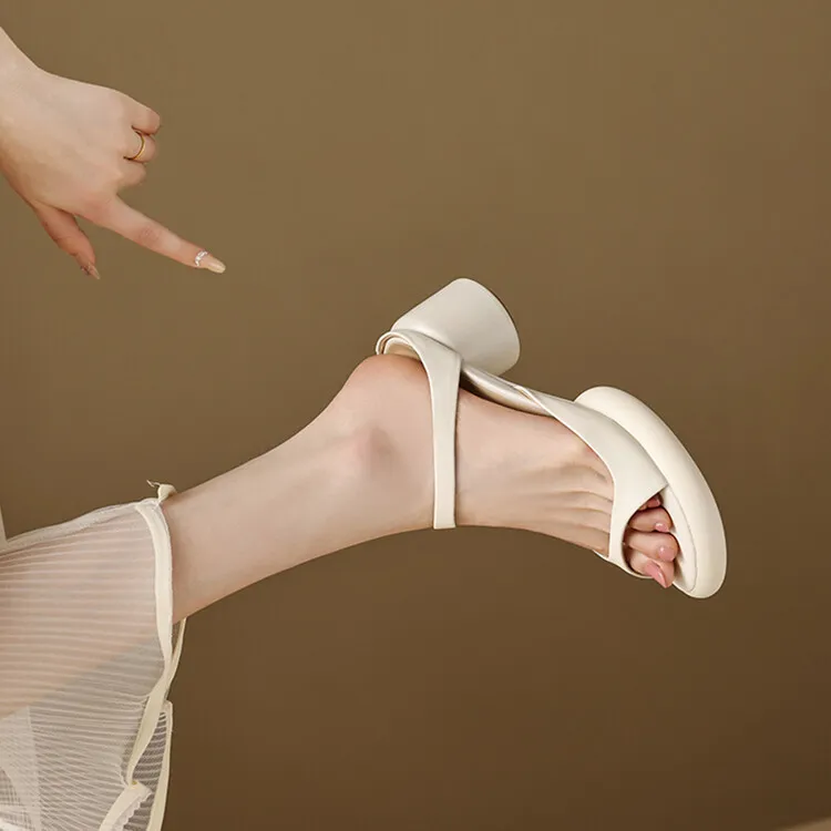 Summer chunky heeled high-heeled round-toe simple sandals, yellow and black cowhide, comfortable, can be worn as outerwear, slippers, 3-14r