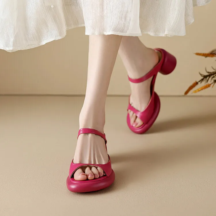 Summer chunky heeled high-heeled round-toe simple sandals, yellow and black cowhide, comfortable, can be worn as outerwear, slippers, 3-14r