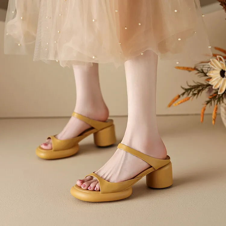 Summer chunky heeled high-heeled round-toe simple sandals, yellow and black cowhide, comfortable, can be worn as outerwear, slippers, 3-14r