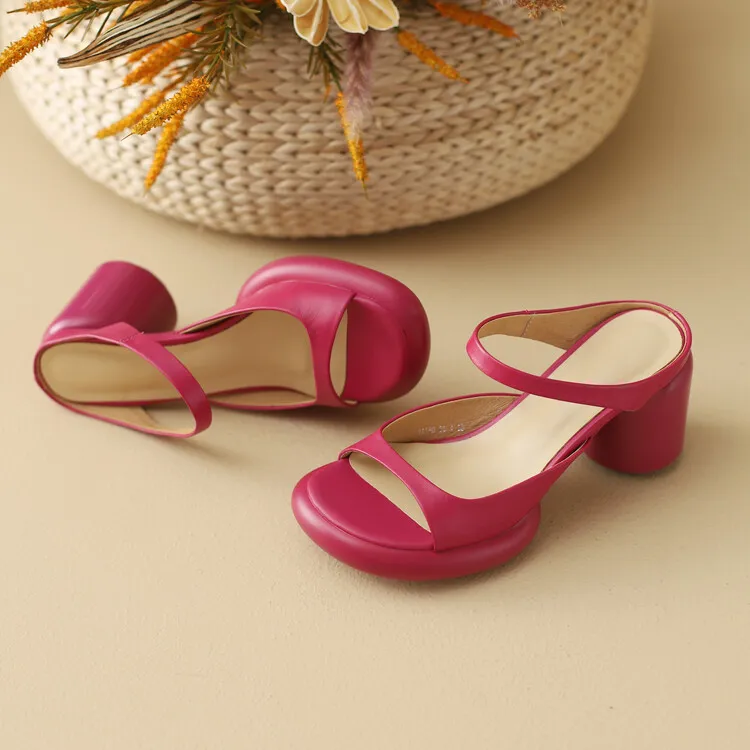 Summer chunky heeled high-heeled round-toe simple sandals, yellow and black cowhide, comfortable, can be worn as outerwear, slippers, 3-14r