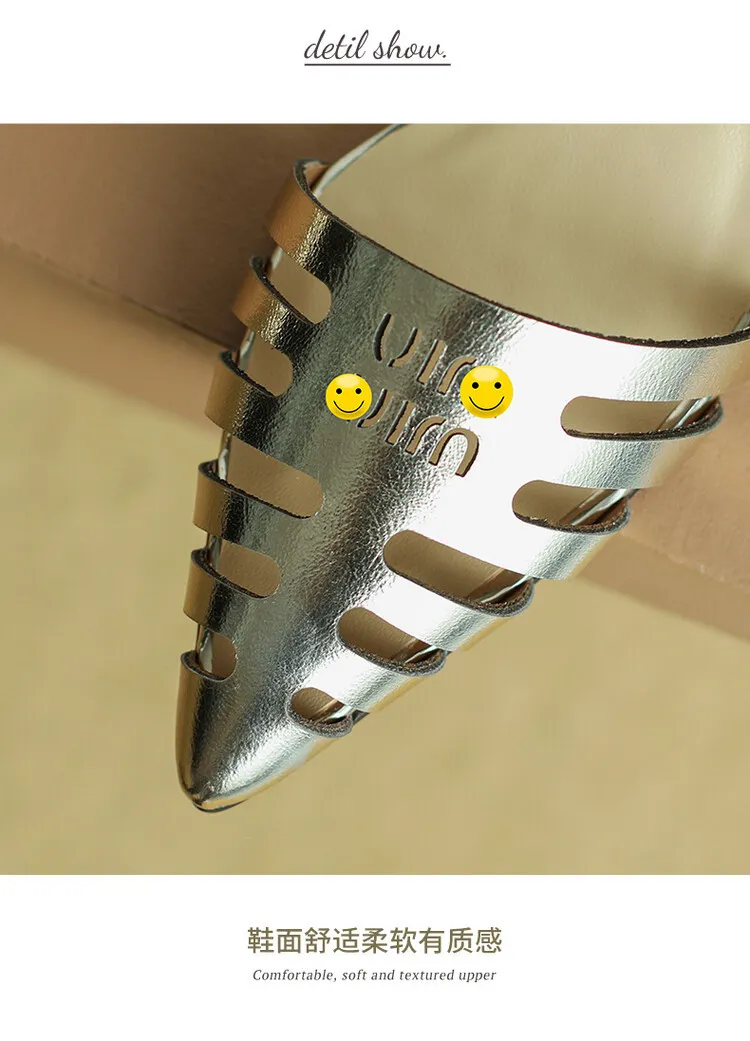 2023 Summer Closed-Toe Hollow-Out Sandals Chunky Heel High Leather Gold and Silver Fashion Women's Shoes 3-20a