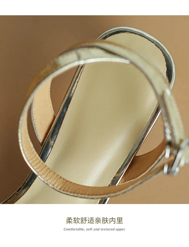 2023 Summer Closed-Toe Hollow-Out Sandals Chunky Heel High Leather Gold and Silver Fashion Women's Shoes 3-20a
