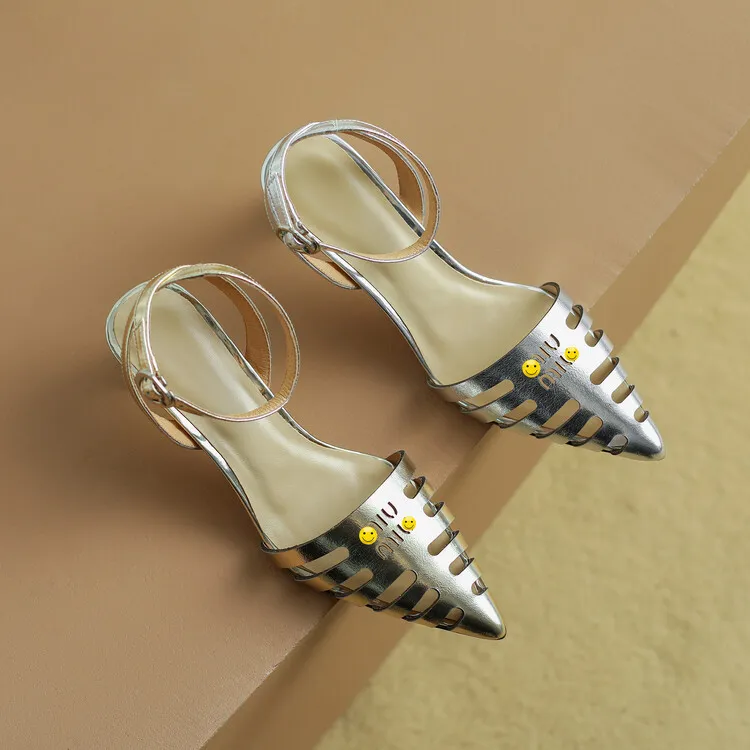 2023 Summer Closed-Toe Hollow-Out Sandals Chunky Heel High Leather Gold and Silver Fashion Women's Shoes 3-20a