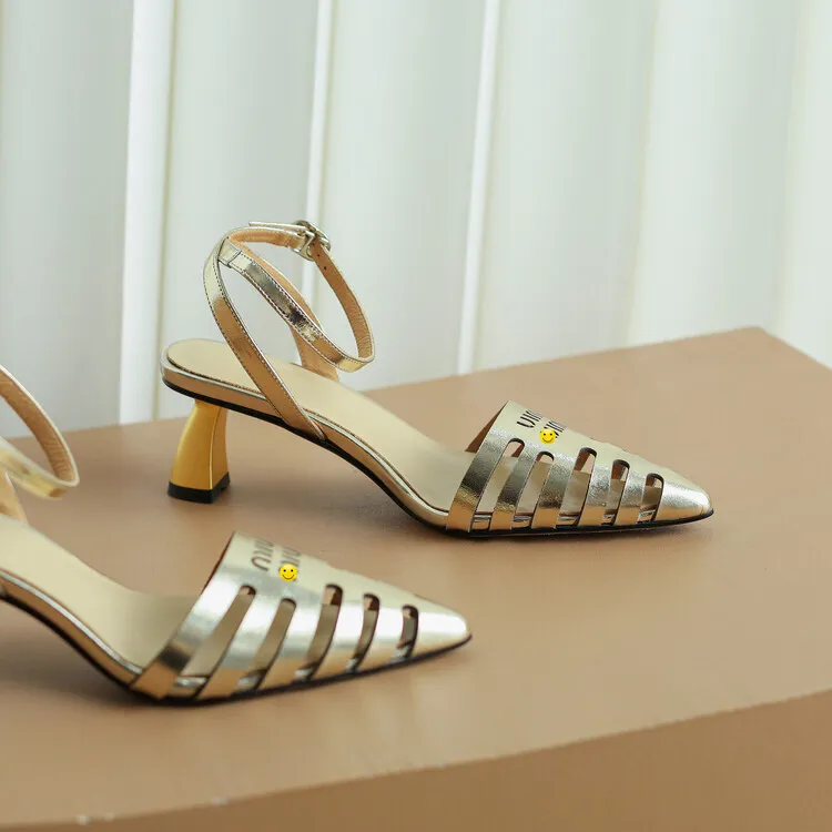 2023 Summer Closed-Toe Hollow-Out Sandals Chunky Heel High Leather Gold and Silver Fashion Women's Shoes 3-20a