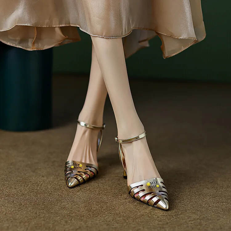 2023 Summer Closed-Toe Hollow-Out Sandals Chunky Heel High Leather Gold and Silver Fashion Women's Shoes 3-20a