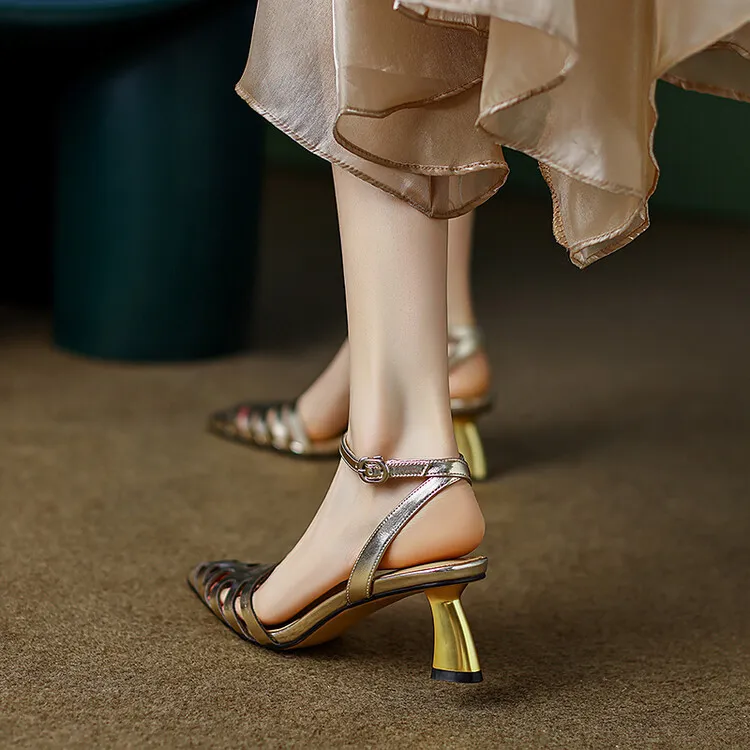 2023 Summer Closed-Toe Hollow-Out Sandals Chunky Heel High Leather Gold and Silver Fashion Women's Shoes 3-20a