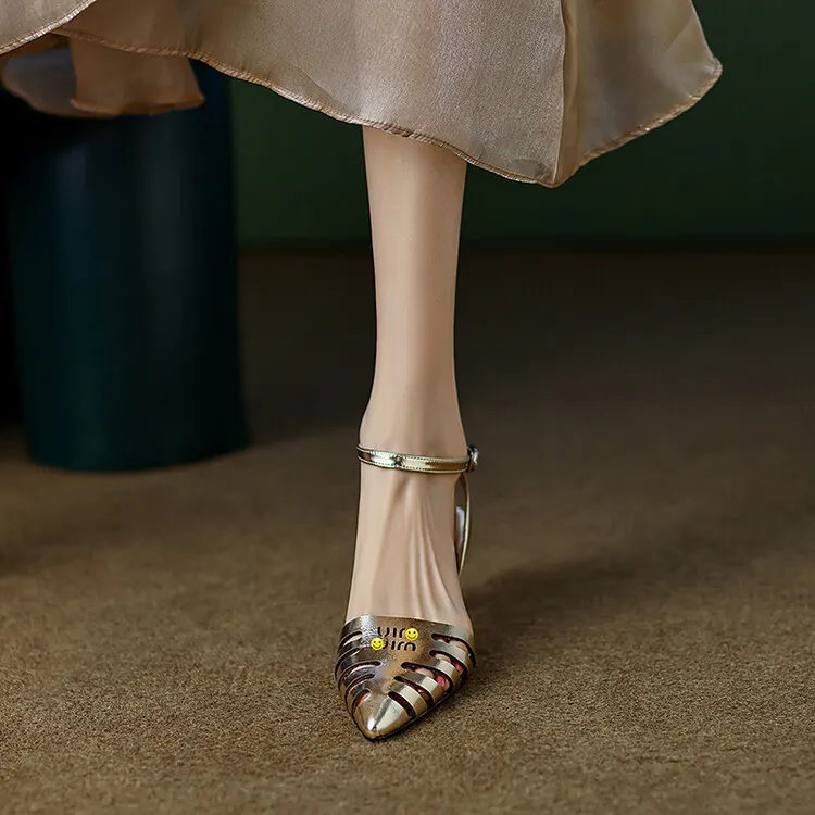 2023 Summer Closed-Toe Hollow-Out Sandals Chunky Heel High Leather Gold and Silver Fashion Women's Shoes 3-20a