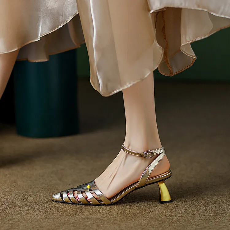 2023 Summer Closed-Toe Hollow-Out Sandals Chunky Heel High Leather Gold and Silver Fashion Women's Shoes 3-20a
