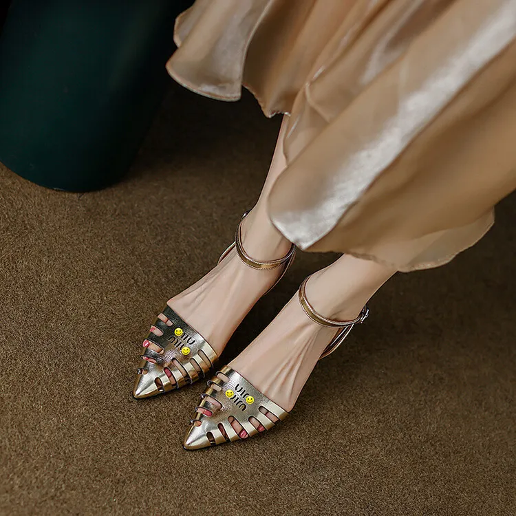 2023 Summer Closed-Toe Hollow-Out Sandals Chunky Heel High Leather Gold and Silver Fashion Women's Shoes 3-20a