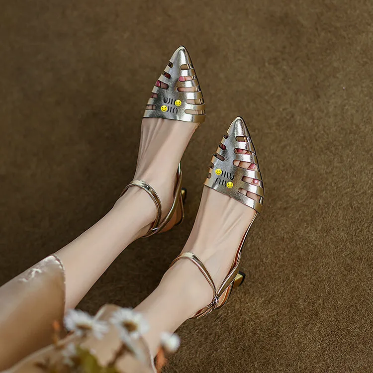 2023 Summer Closed-Toe Hollow-Out Sandals Chunky Heel High Leather Gold and Silver Fashion Women's Shoes 3-20a