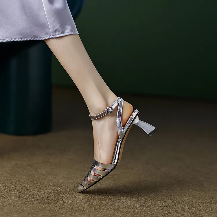 2023 Summer Closed-Toe Hollow-Out Sandals Chunky Heel High Leather Gold and Silver Fashion Women's Shoes 3-20a