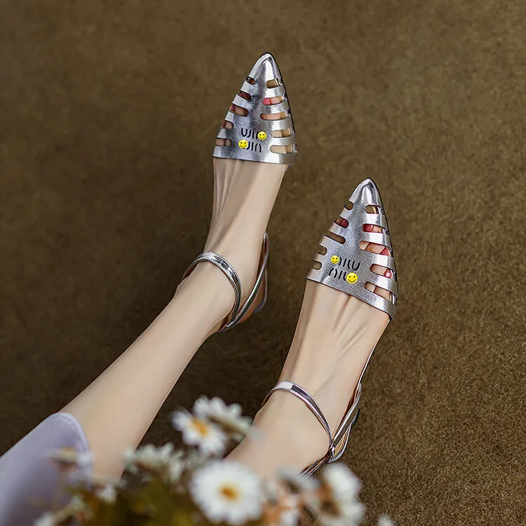 2023 Summer Closed-Toe Hollow-Out Sandals Chunky Heel High Leather Gold and Silver Fashion Women's Shoes 3-20a