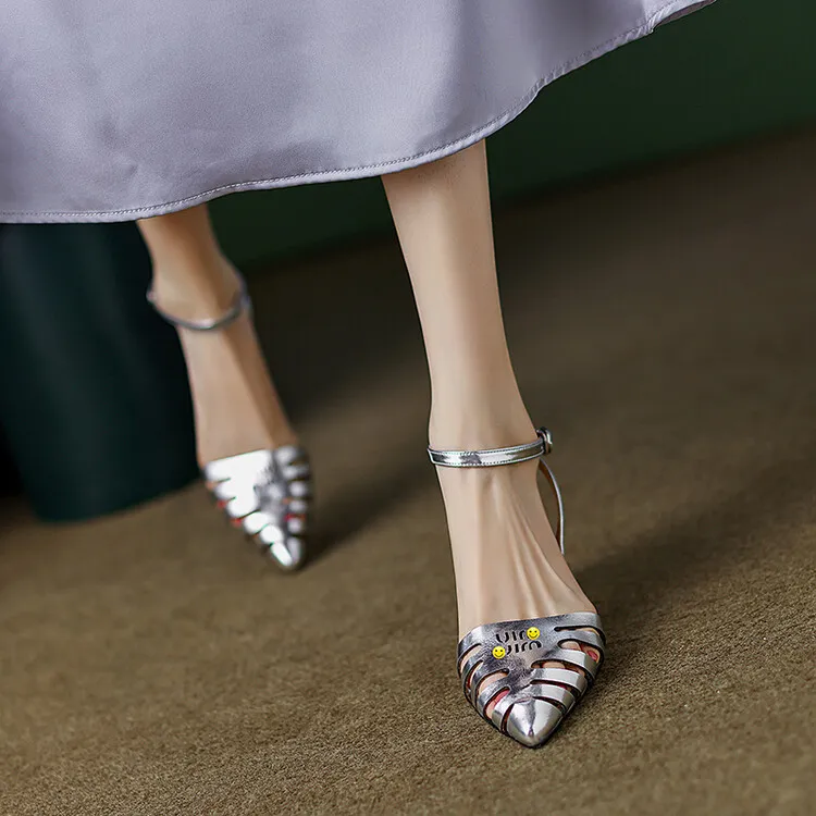 2023 Summer Closed-Toe Hollow-Out Sandals Chunky Heel High Leather Gold and Silver Fashion Women's Shoes 3-20a