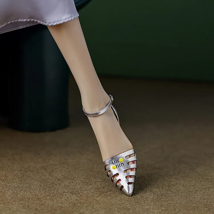2023 Summer Closed-Toe Hollow-Out Sandals Chunky Heel High Leather Gold and Silver Fashion Women's Shoes 3-20a