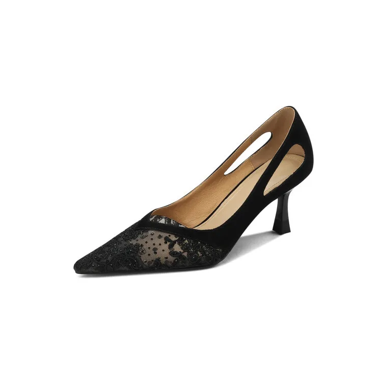 Fashionable summer stiletto pointed-toe V-neck closed-toe sandals, sizes 34-40, lace mesh fashion women's shoes, sizes 3-20c