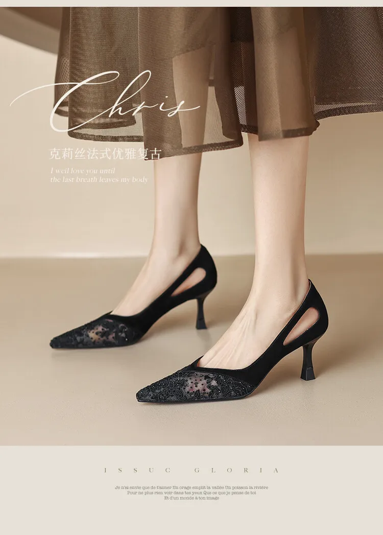 Fashionable summer stiletto pointed-toe V-neck closed-toe sandals, sizes 34-40, lace mesh fashion women's shoes, sizes 3-20c