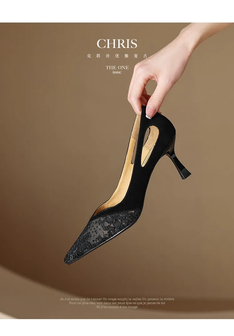 Fashionable summer stiletto pointed-toe V-neck closed-toe sandals, sizes 34-40, lace mesh fashion women's shoes, sizes 3-20c