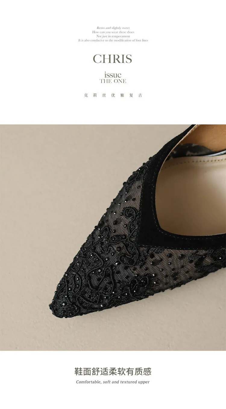 Fashionable summer stiletto pointed-toe V-neck closed-toe sandals, sizes 34-40, lace mesh fashion women's shoes, sizes 3-20c