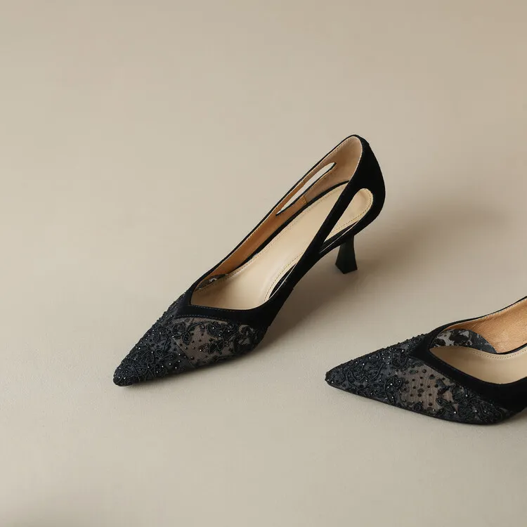 Fashionable summer stiletto pointed-toe V-neck closed-toe sandals, sizes 34-40, lace mesh fashion women's shoes, sizes 3-20c
