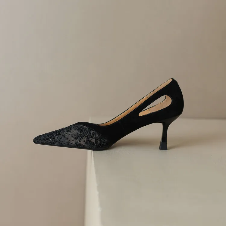 Fashionable summer stiletto pointed-toe V-neck closed-toe sandals, sizes 34-40, lace mesh fashion women's shoes, sizes 3-20c