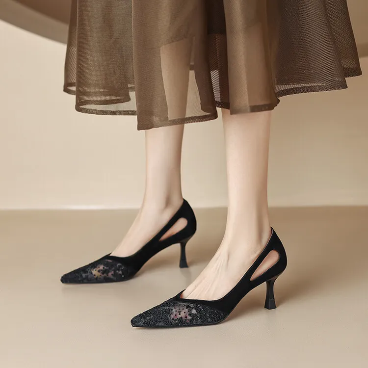 Fashionable summer stiletto pointed-toe V-neck closed-toe sandals, sizes 34-40, lace mesh fashion women's shoes, sizes 3-20c