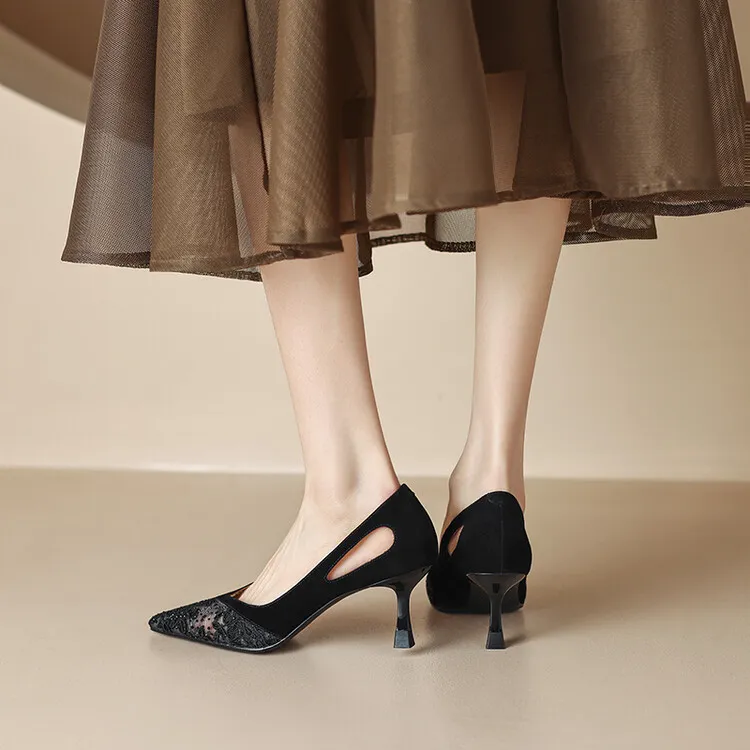 Fashionable summer stiletto pointed-toe V-neck closed-toe sandals, sizes 34-40, lace mesh fashion women's shoes, sizes 3-20c