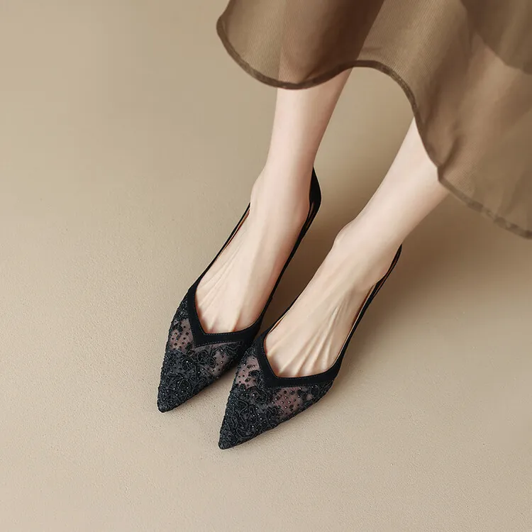 Fashionable summer stiletto pointed-toe V-neck closed-toe sandals, sizes 34-40, lace mesh fashion women's shoes, sizes 3-20c