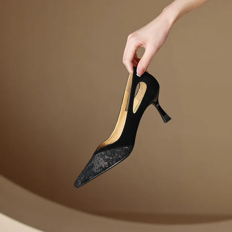 Fashionable summer stiletto pointed-toe V-neck closed-toe sandals, sizes 34-40, lace mesh fashion women's shoes, sizes 3-20c