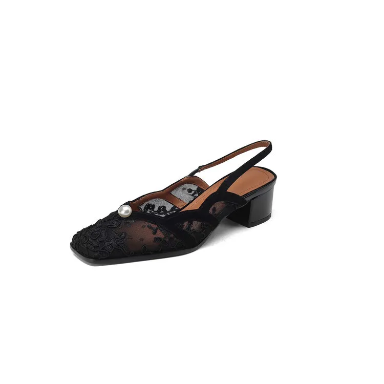 Fashionable summer mesh closed-toe sandals in black and apricot colors, best-selling square-toe chunky heel high heels for women, 3-19g