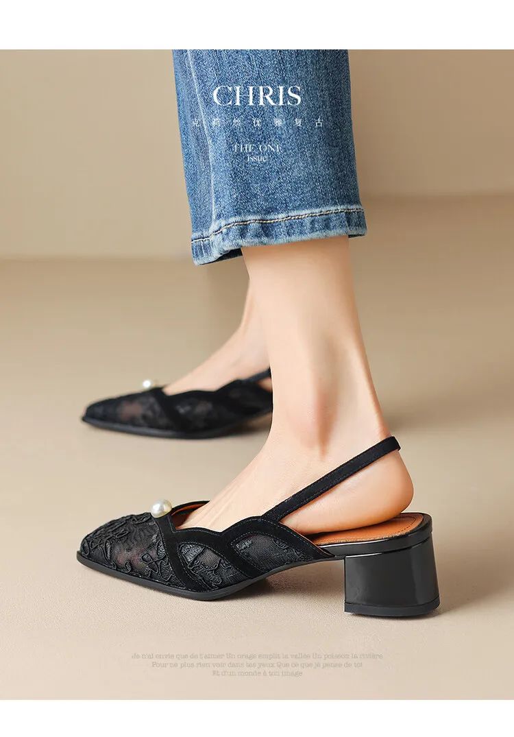 Fashionable summer mesh closed-toe sandals in black and apricot colors, best-selling square-toe chunky heel high heels for women, 3-19g