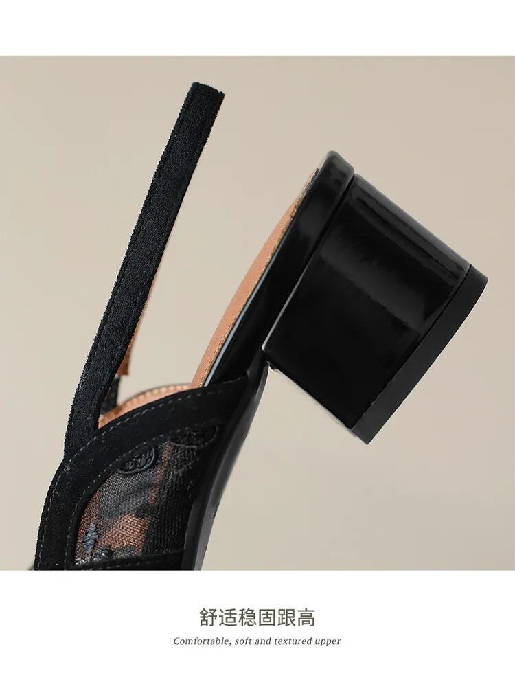 Fashionable summer mesh closed-toe sandals in black and apricot colors, best-selling square-toe chunky heel high heels for women, 3-19g