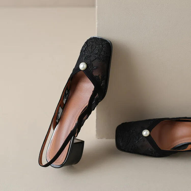 Fashionable summer mesh closed-toe sandals in black and apricot colors, best-selling square-toe chunky heel high heels for women, 3-19g