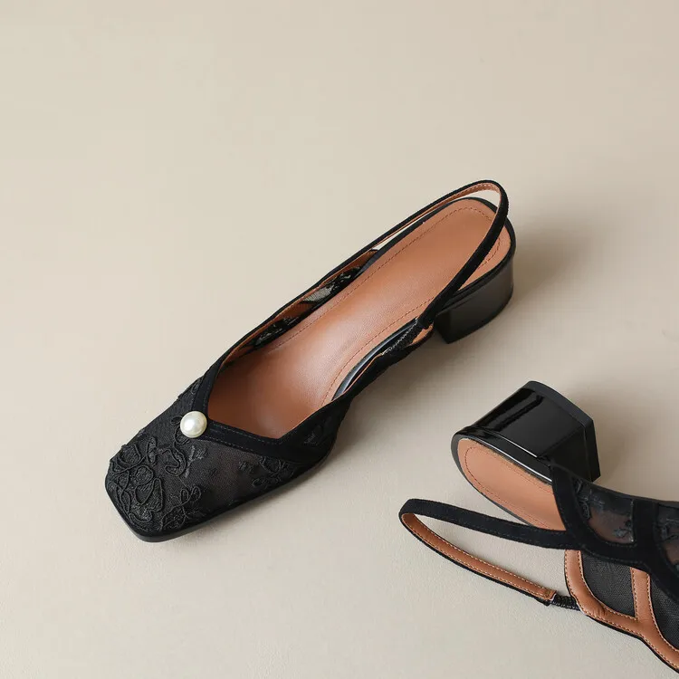 Fashionable summer mesh closed-toe sandals in black and apricot colors, best-selling square-toe chunky heel high heels for women, 3-19g