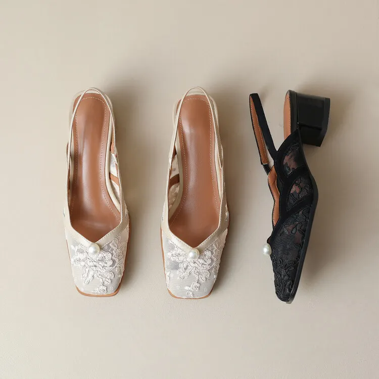 Fashionable summer mesh closed-toe sandals in black and apricot colors, best-selling square-toe chunky heel high heels for women, 3-19g