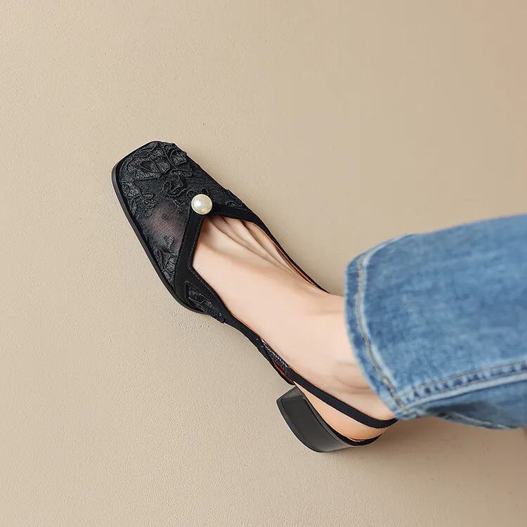 Fashionable summer mesh closed-toe sandals in black and apricot colors, best-selling square-toe chunky heel high heels for women, 3-19g
