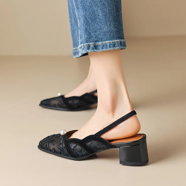 Fashionable summer mesh closed-toe sandals in black and apricot colors, best-selling square-toe chunky heel high heels for women, 3-19g