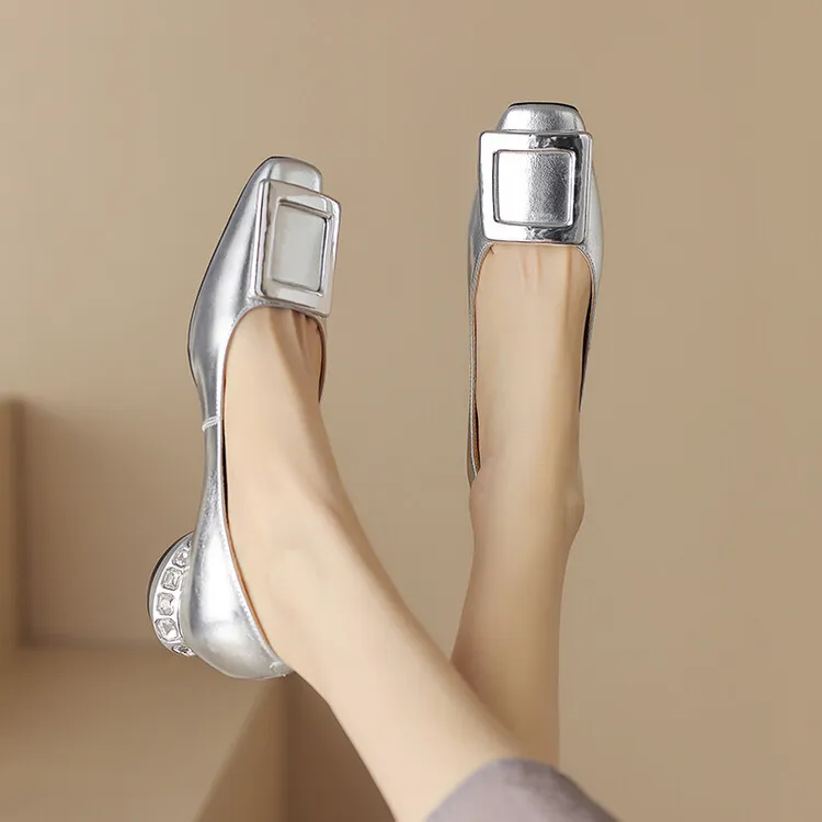 Silver, black, burgundy square buckle fashion shoes, low-cut rhinestone chunky heel, square toe, 3-22a