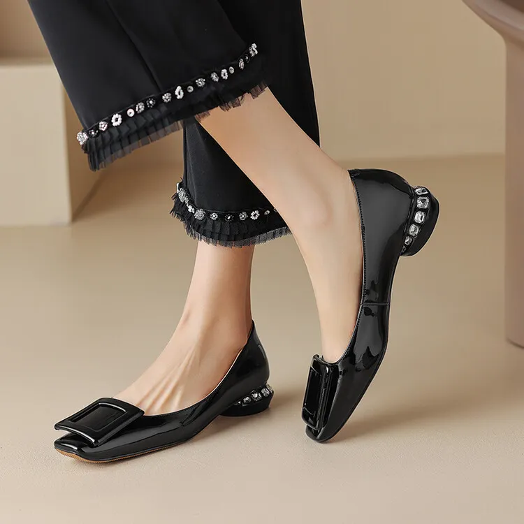 Silver, black, burgundy square buckle fashion shoes, low-cut rhinestone chunky heel, square toe, 3-22a