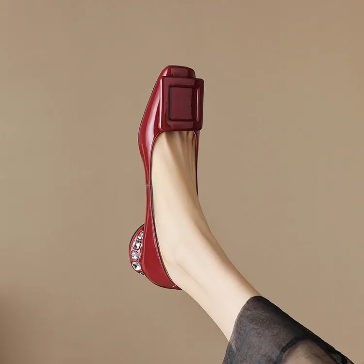 Silver, black, burgundy square buckle fashion shoes, low-cut rhinestone chunky heel, square toe, 3-22a