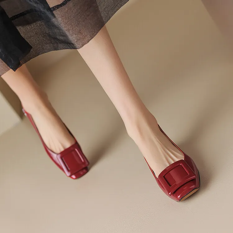 Silver, black, burgundy square buckle fashion shoes, low-cut rhinestone chunky heel, square toe, 3-22a
