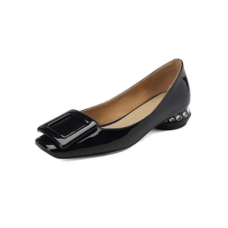 Silver, black, burgundy square buckle fashion shoes, low-cut rhinestone chunky heel, square toe, 3-22a