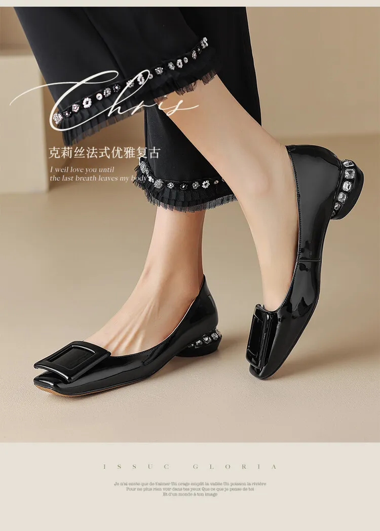 Silver, black, burgundy square buckle fashion shoes, low-cut rhinestone chunky heel, square toe, 3-22a