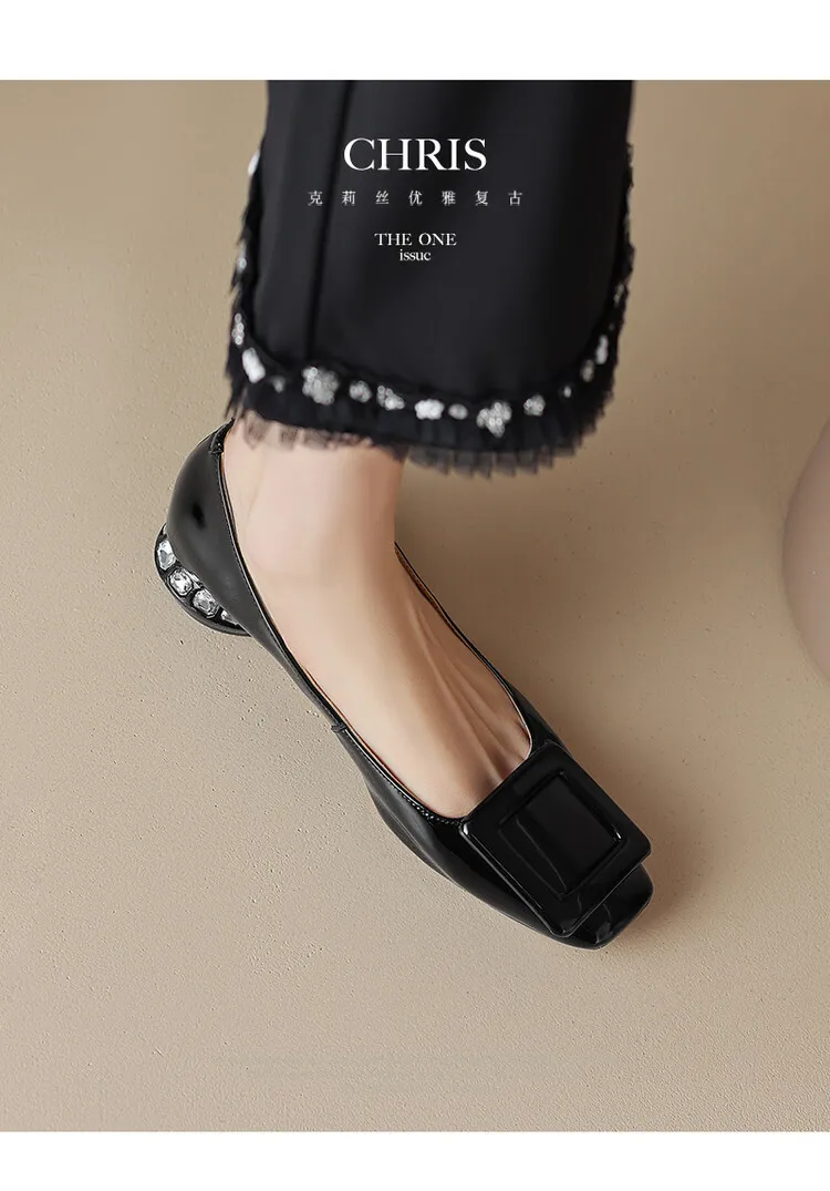 Silver, black, burgundy square buckle fashion shoes, low-cut rhinestone chunky heel, square toe, 3-22a