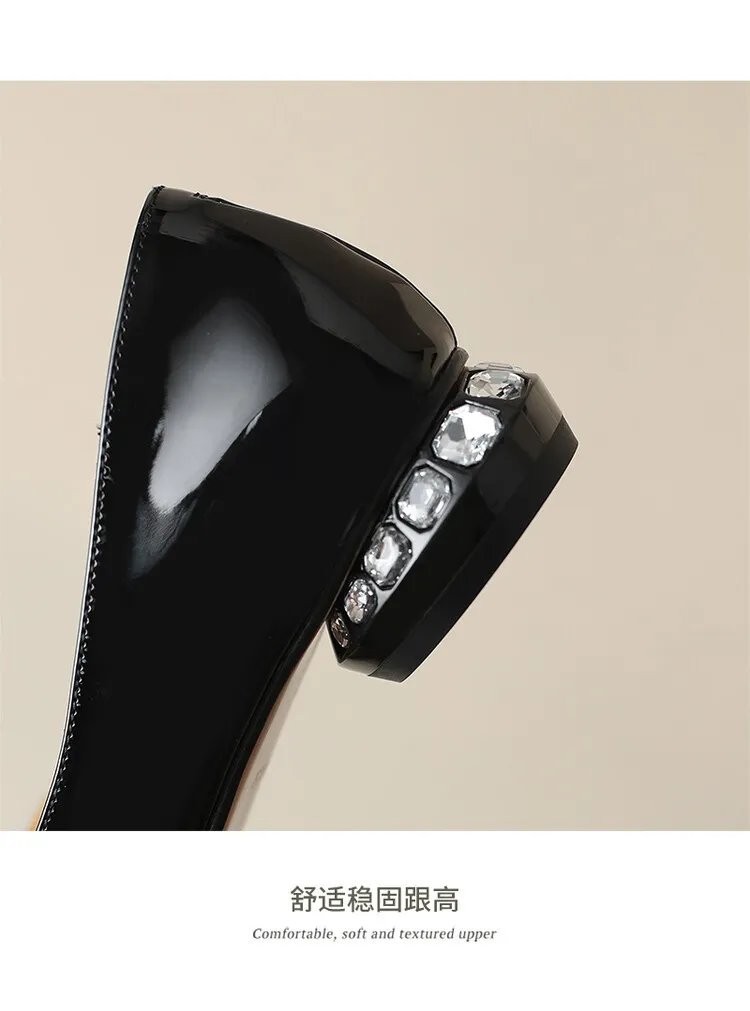 Silver, black, burgundy square buckle fashion shoes, low-cut rhinestone chunky heel, square toe, 3-22a