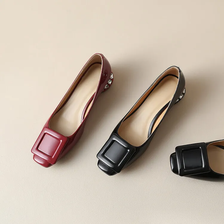 Silver, black, burgundy square buckle fashion shoes, low-cut rhinestone chunky heel, square toe, 3-22a