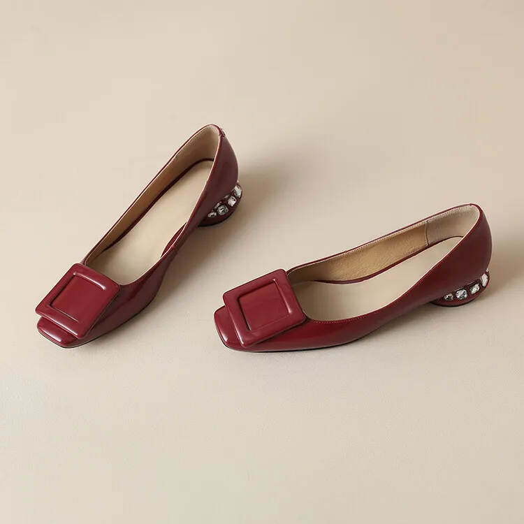 Silver, black, burgundy square buckle fashion shoes, low-cut rhinestone chunky heel, square toe, 3-22a